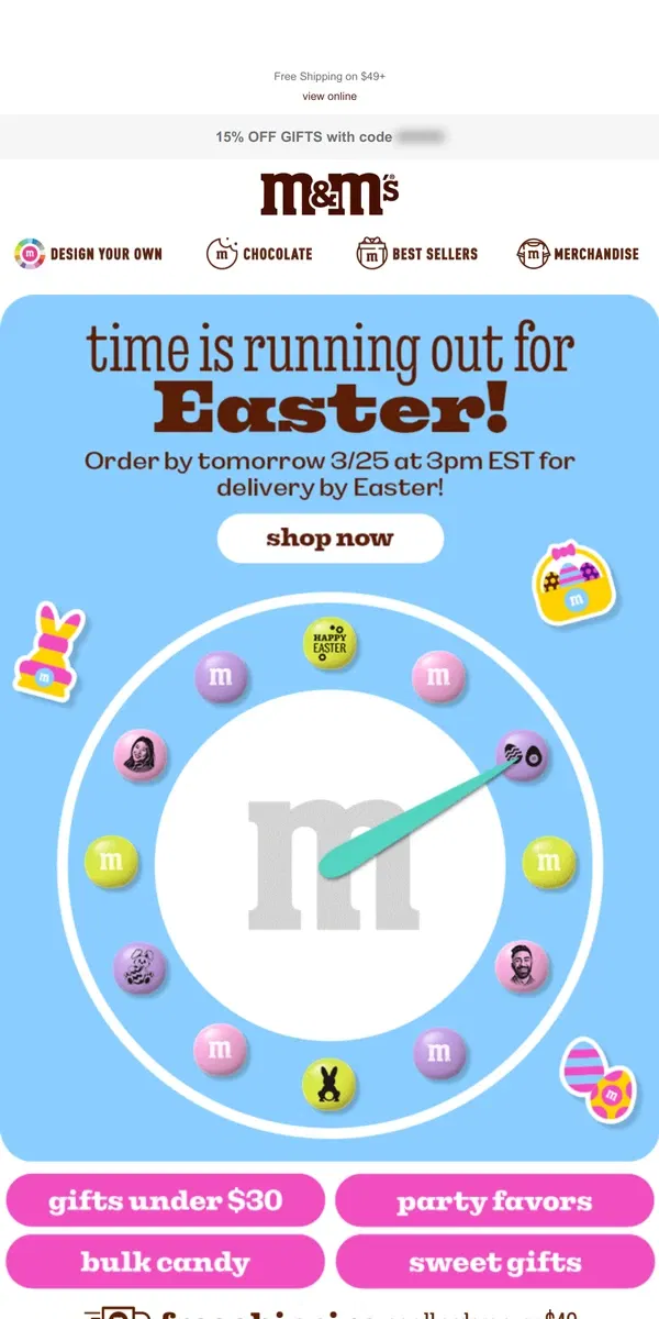 Email from M&M's. Easter is Hoppin Away, Shop Today