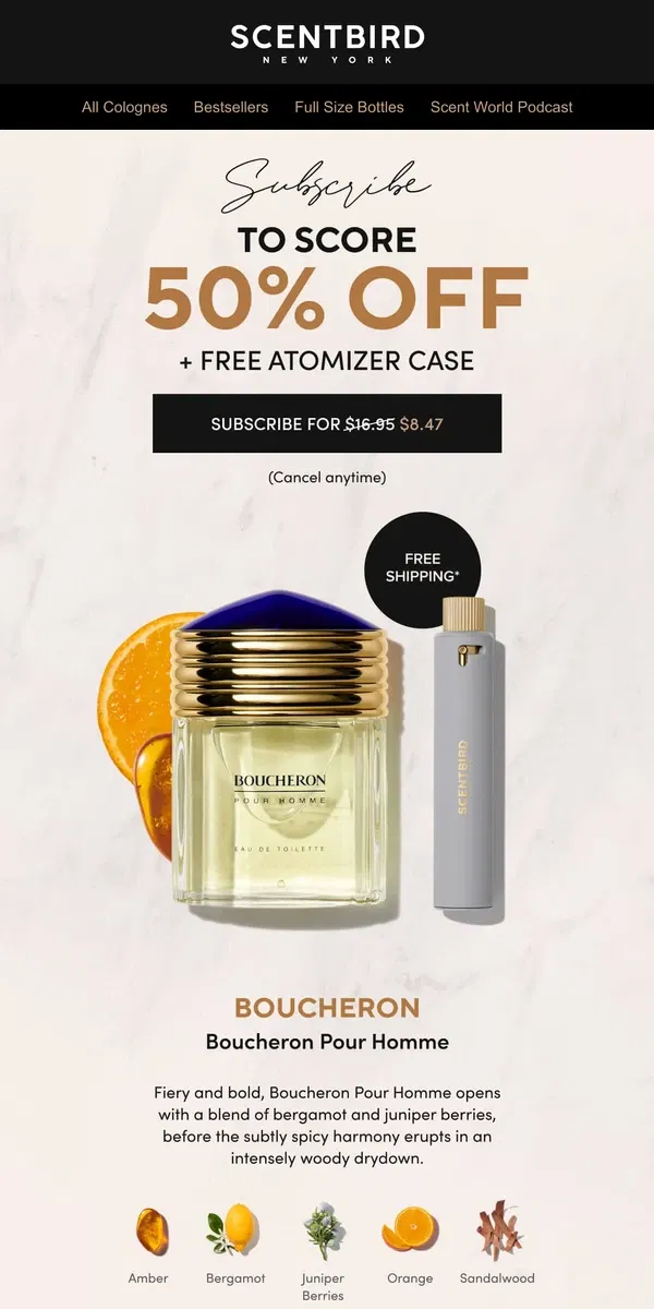 Email from Scentbird. 50% off Boucheron Pour Homme