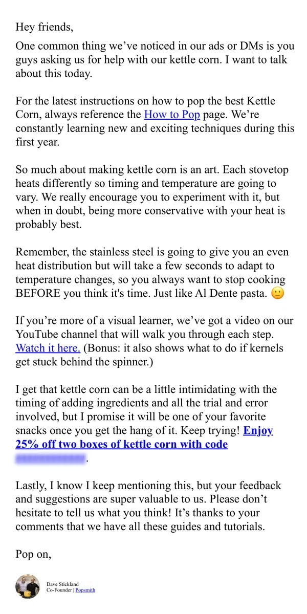 Email from Popsmith. Kettle Corn Instructions 🗒️