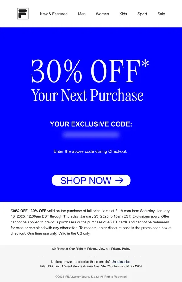 Email from FILA. 30% Off Your Next Purchase