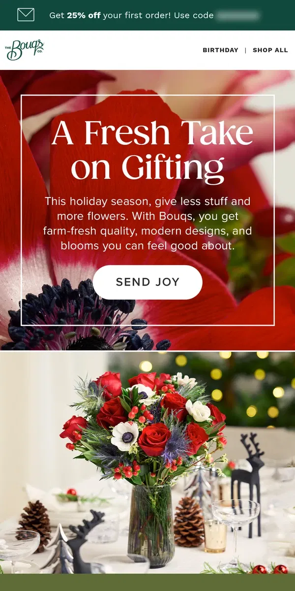 Email from The Bouqs Co.. Holiday blooms, the Bouqs way 💐