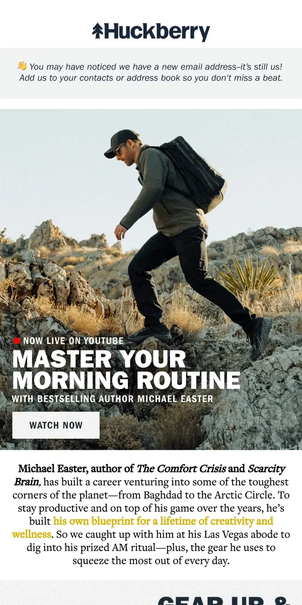 Email from Huckberry. A Bestselling Author’s AM Ritual