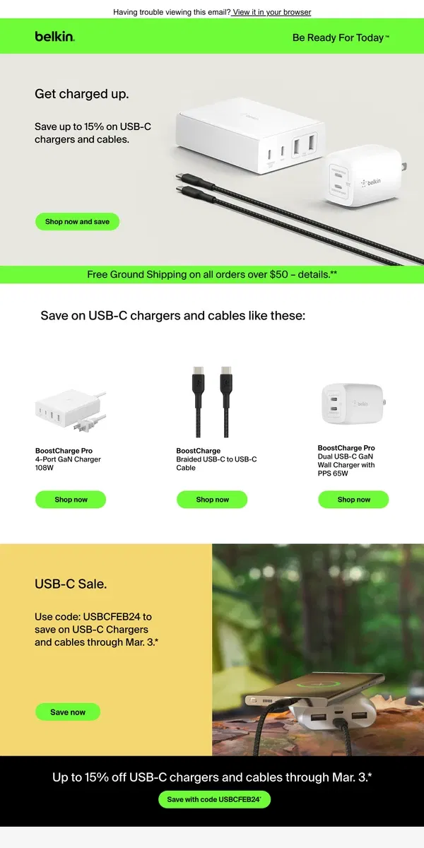 Email from Belkin. ⚡️ Get charged up with savings on USB-C chargers and cables ⚡️