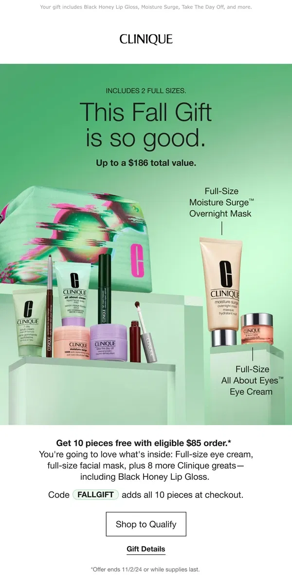 Email from Clinique. 10 treats for me? YES, please. With $85 order.