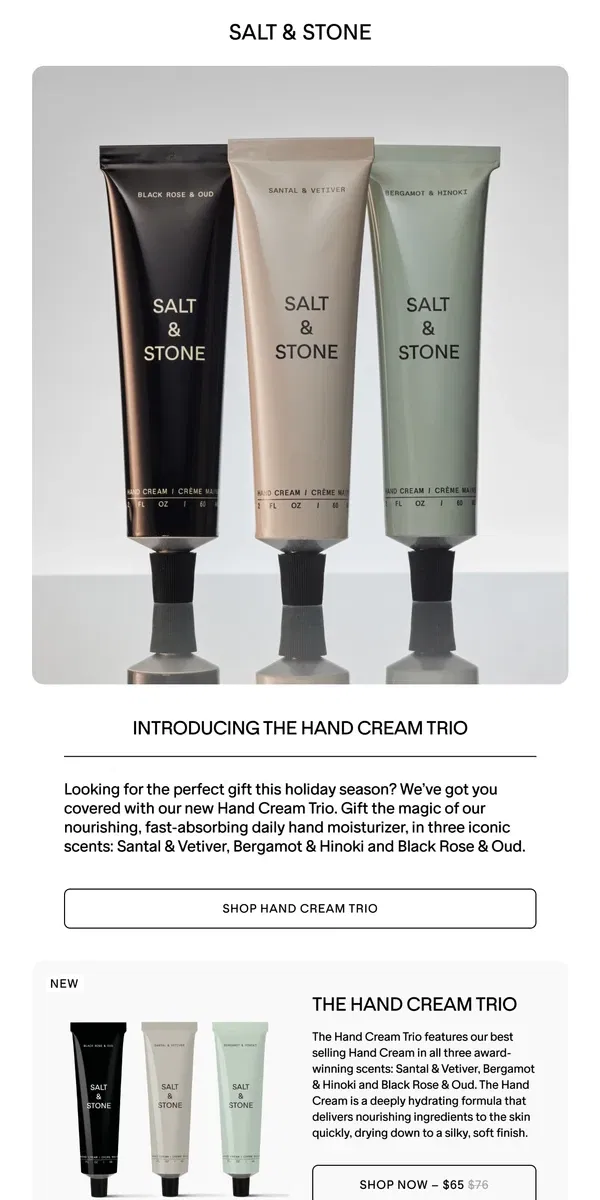 Email from SALT & STONE. Introducing The Hand Cream Trio 👋