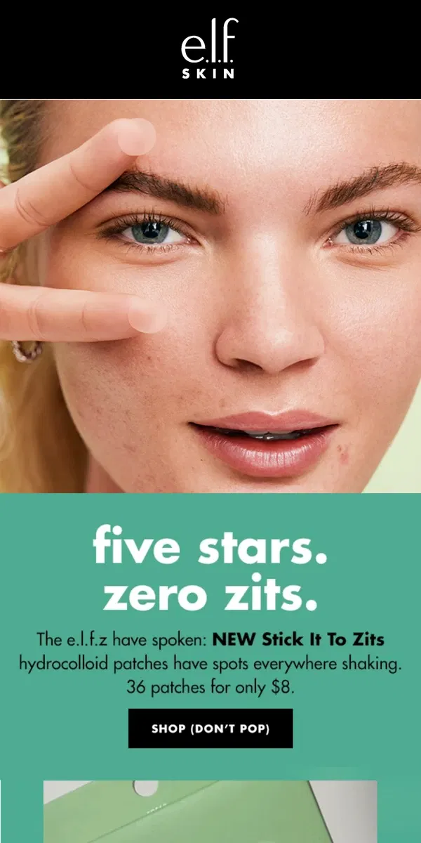 Email from e.l.f.. Five stars. Zero zits ✌️