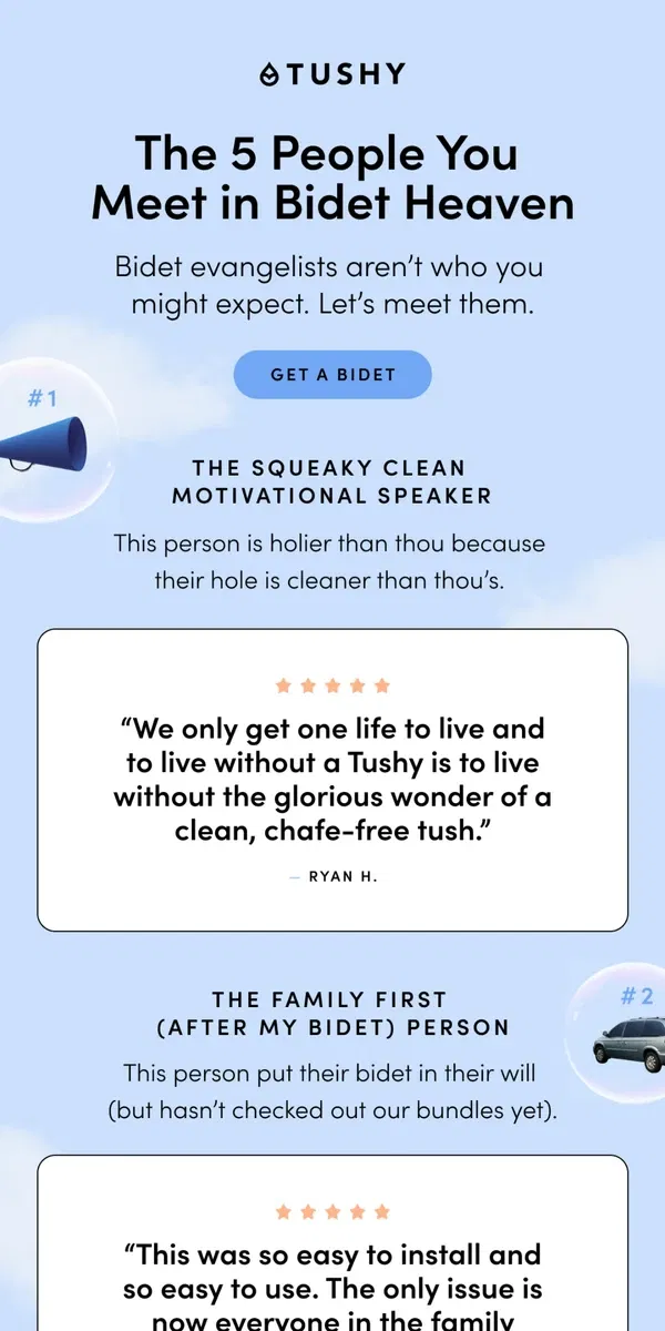 Email from TUSHY. These are the 5 types of "bidet person"