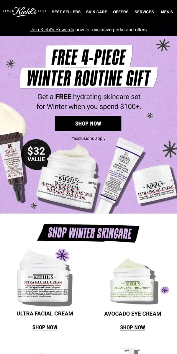 Email from Kiehl's. Ends TONIGHT! FREE Winter Skincare Gift ☃️