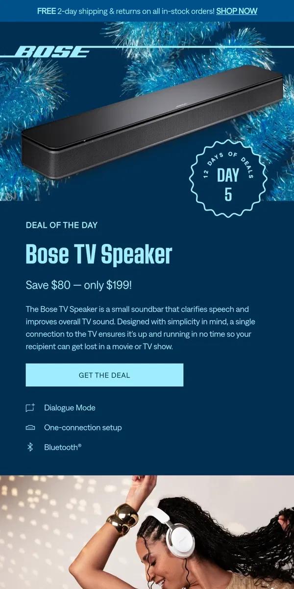 Email from Bose. Deal of the Day: Save $80 on TV Speaker!