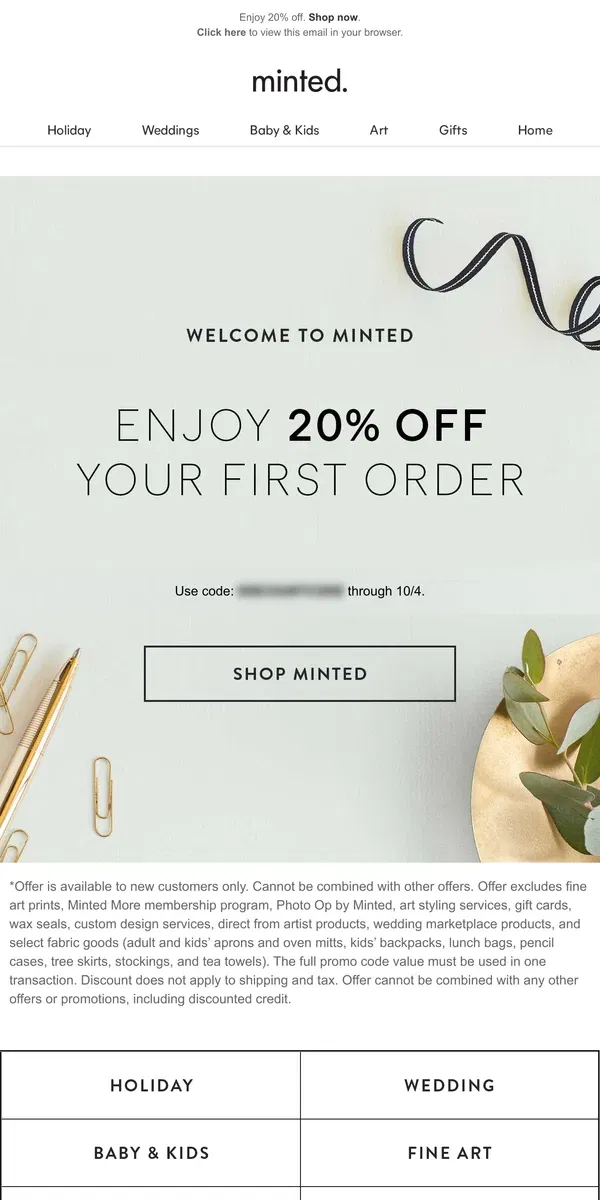 Email from Minted. Save 20% off your first order at Minted