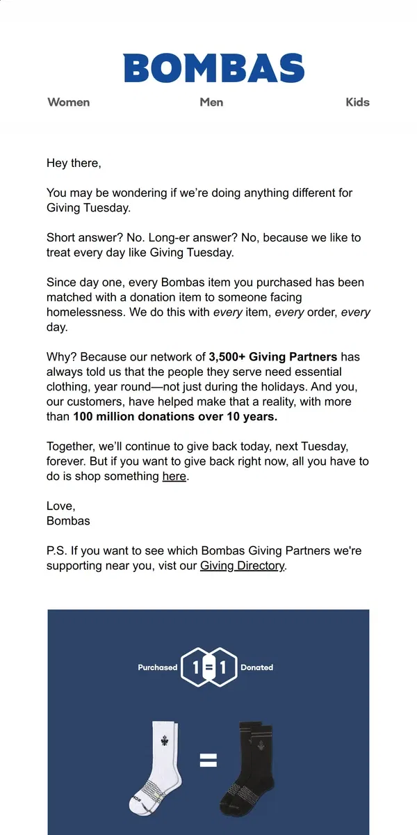 Email from Bombas. It’s Our 48th Giving Tuesday of the Year