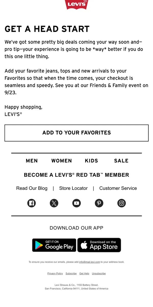 Email from Levi's. Get a head start on our next sale