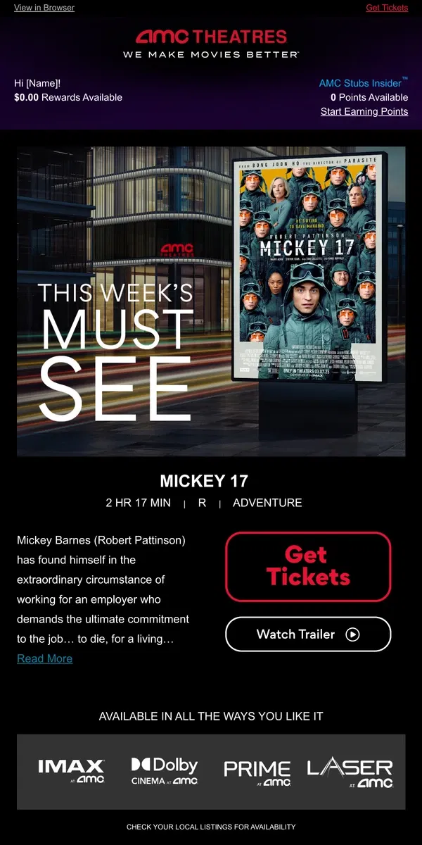 Email from AMC Theatres. [Name], Your Weekly Ticket Is Here