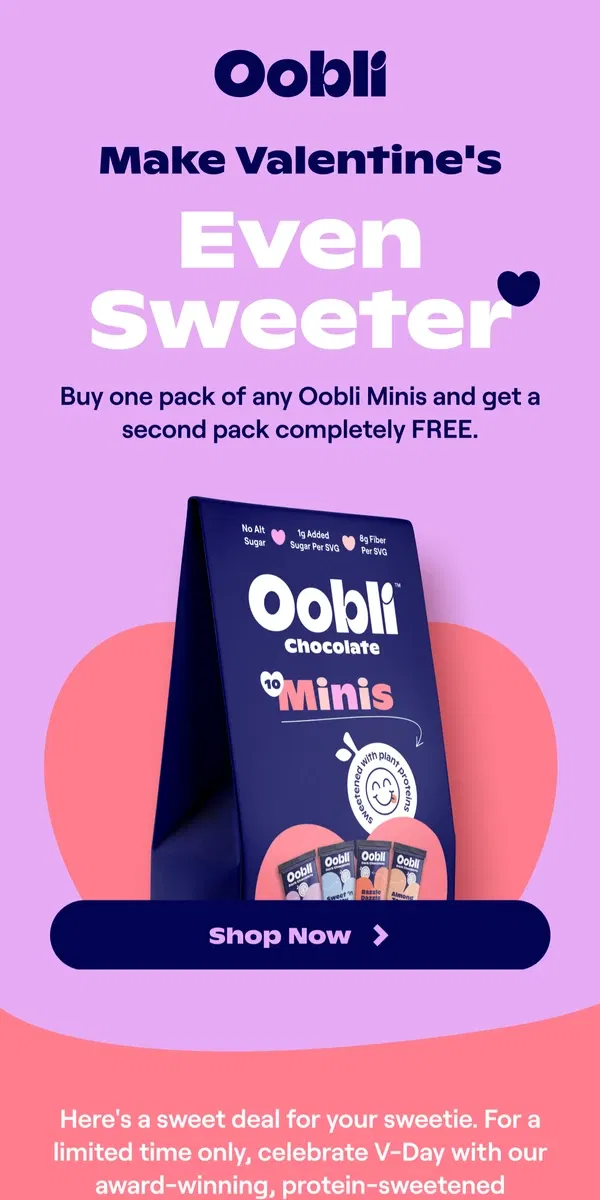 Email from Oobli. A sweet Valentine's offer inside