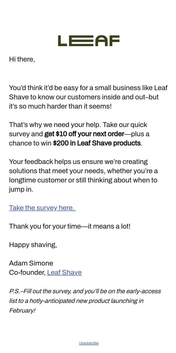 Email from Leaf Shave. Help me shape Leaf's future 🍃