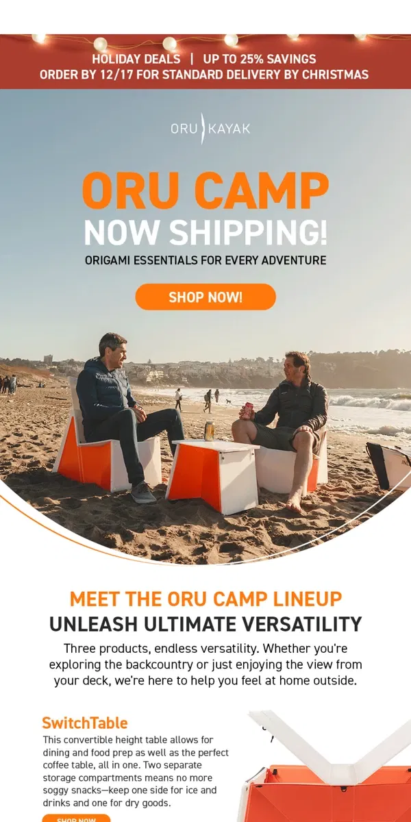 Email from Oru Kayak. Gift the Outdoors: Oru Camp Now Shipping! 🏕️