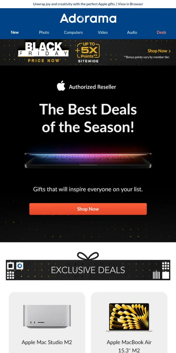 Email from Adorama. Exclusive Apple Deals to Brighten the Season