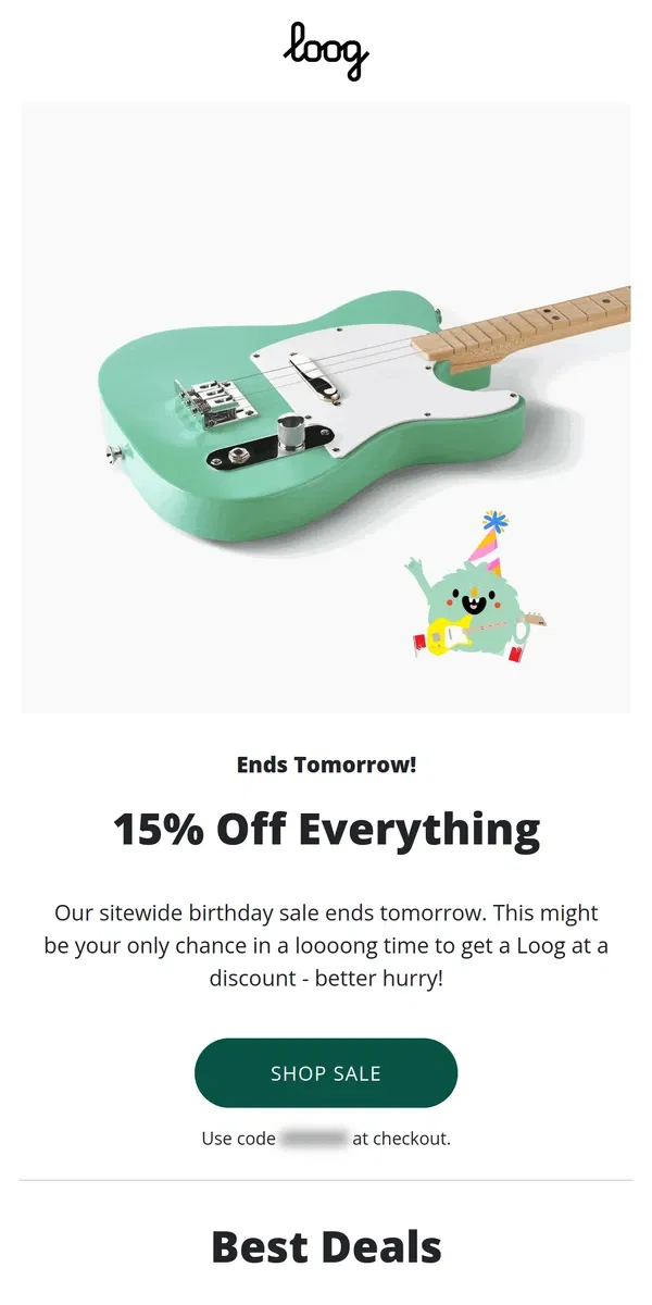 Email from Loog Guitars. 15% OFF Ends Tomorrow!