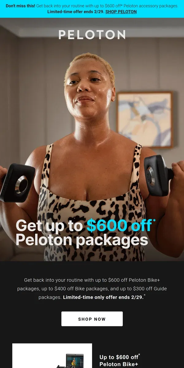 Email from Peloton. Limited time only: Up to $600 off accessory packages