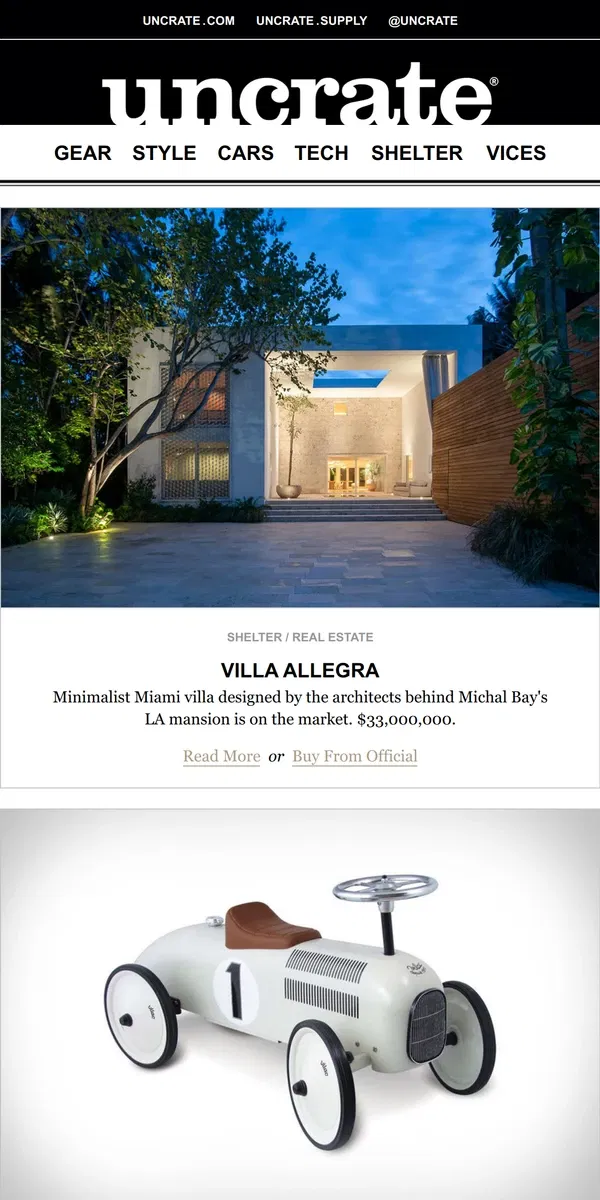 Email from Uncrate. Villa Allegra & more