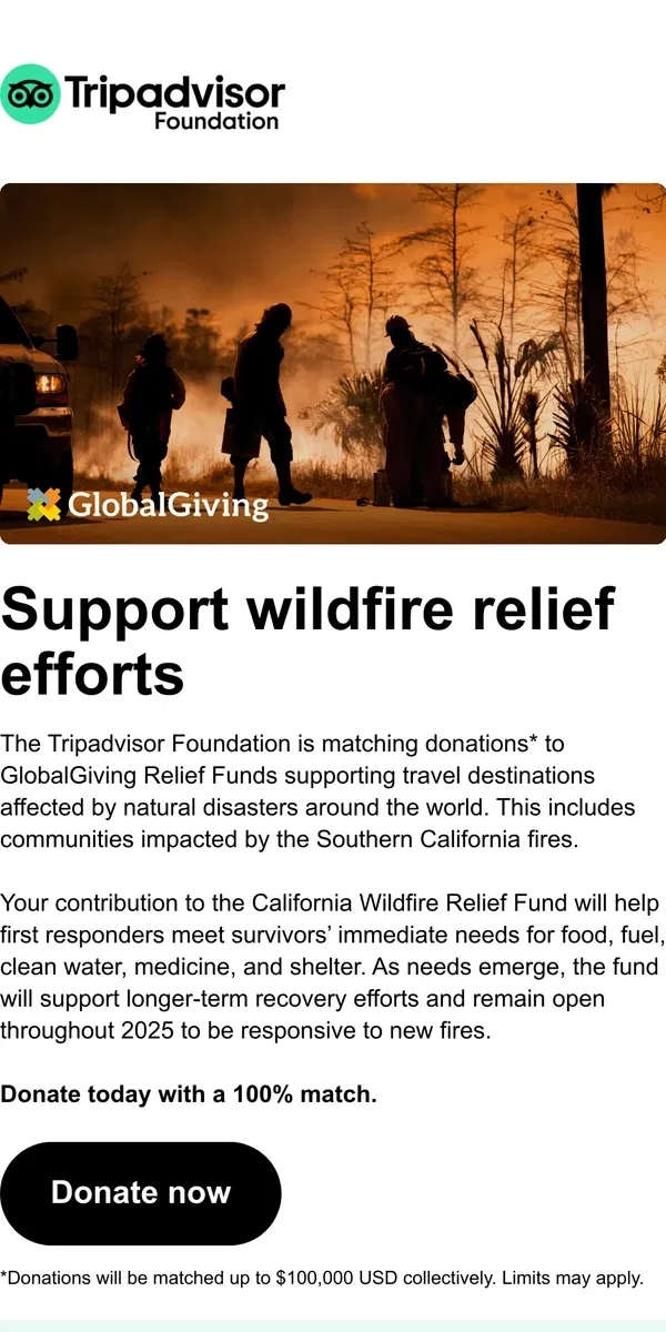 Email from Tripadvisor. We’re matching donations to support wildfire relief