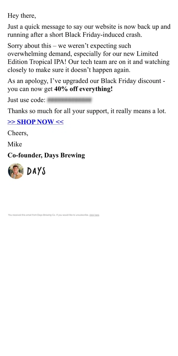 Email from Days Brewing Co. Ooops - we’re back online!