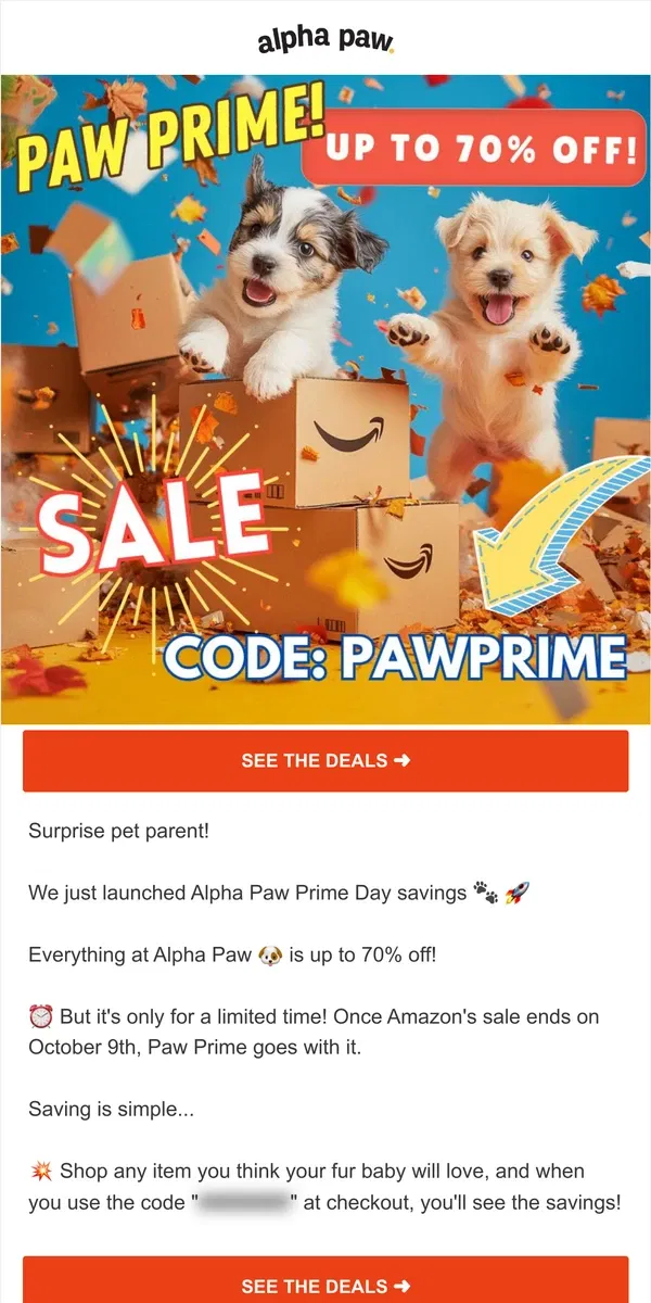 Email from Alpha Paw. 🐕‍🦺 Paw Prime Day Starts Now! Save up to 70%