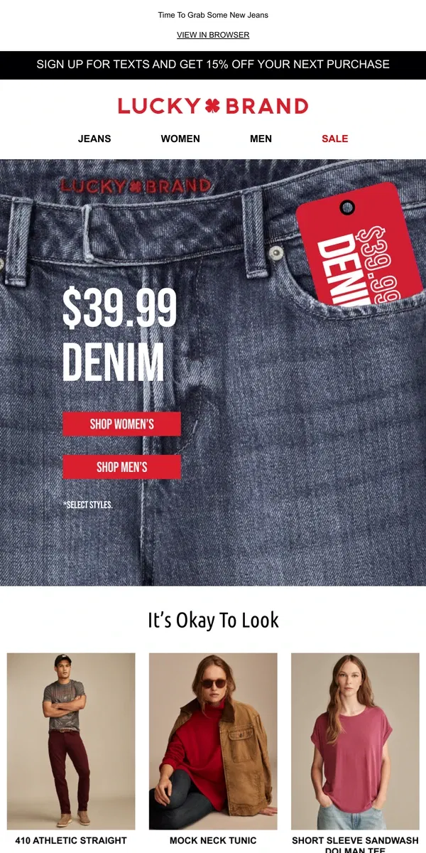 Email from Lucky Brand. Don't Miss Out On $39.99 Denim!