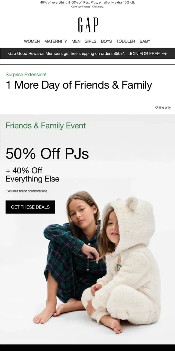 Email from GAP. Final-day announcement: 40% OFF EVERYTHING + bonus 10%