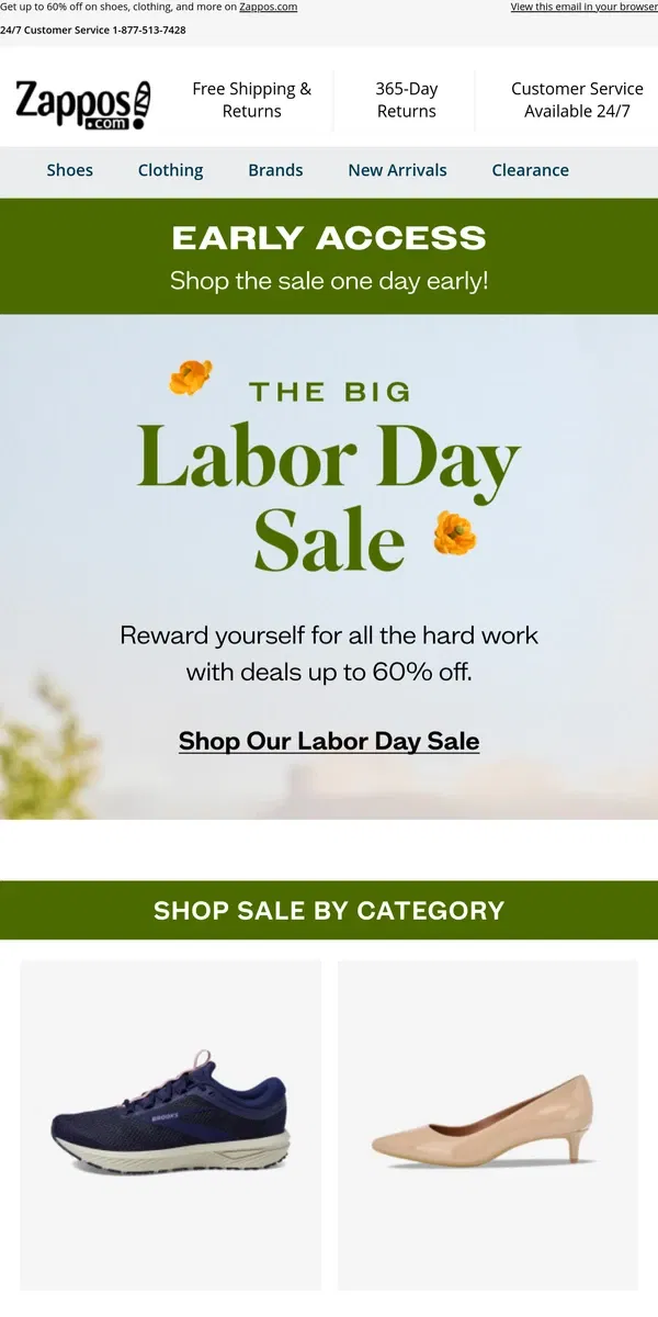 Email from Zappos. 🤑 EARLY ACCESS: The Big Labor Day Sale 🤑