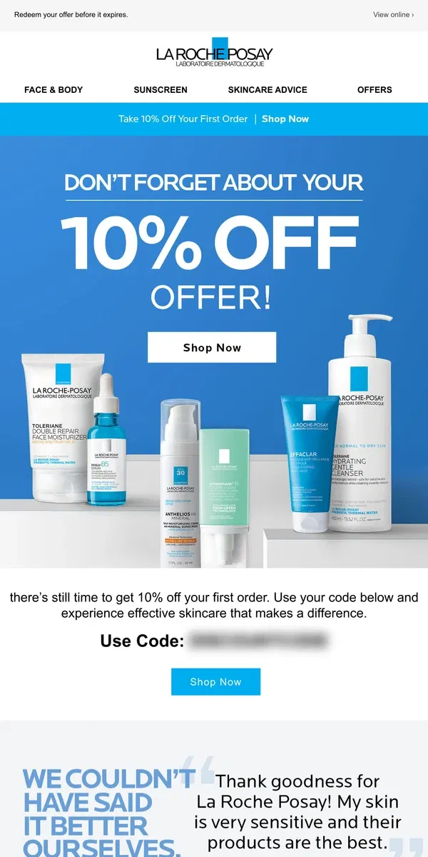 Email from La Roche-Posay. Take 10% Off Award-Winning Skincare