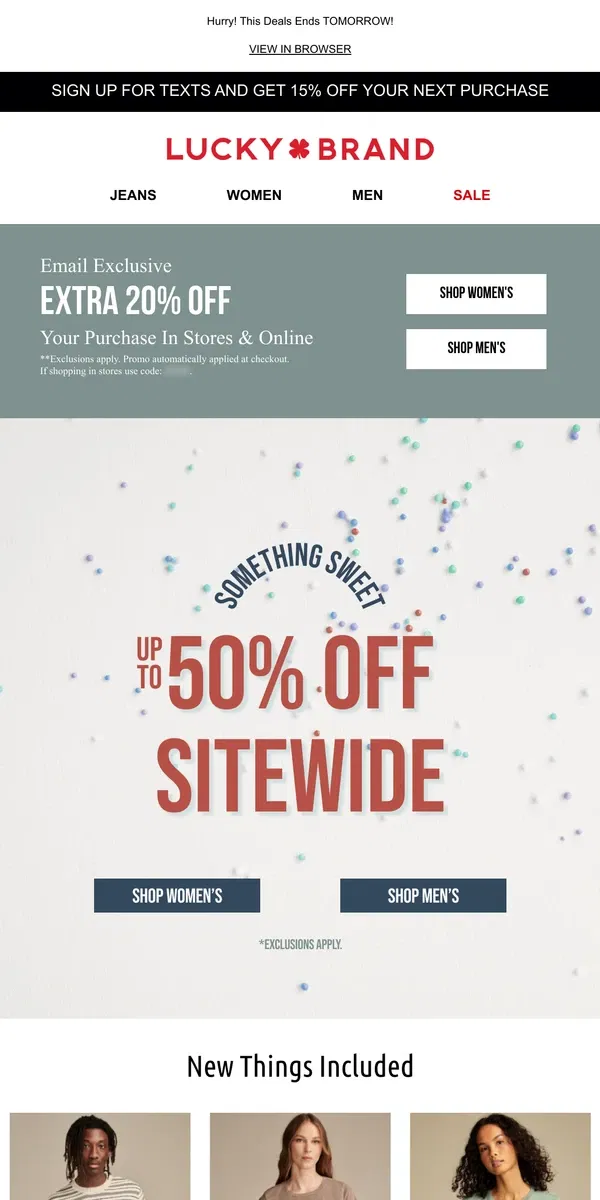 Email from Lucky Brand. Up To 50% Off + EXTRA 20% OFF This Weekend Only