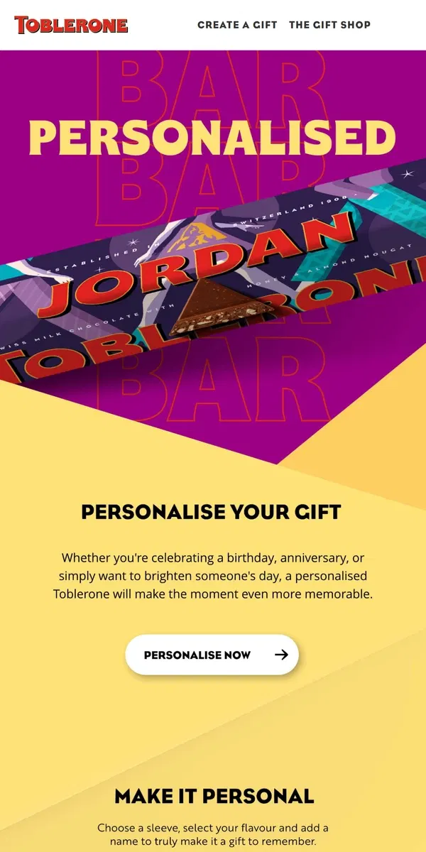 Email from Toblerone. Personalise your gift