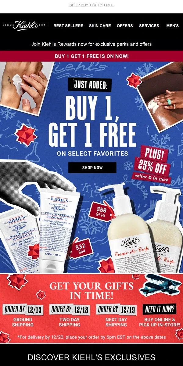 Email from Kiehl's. 💥Buy 1 Get 1 Free PLUS 25% OFF Sitewide💥