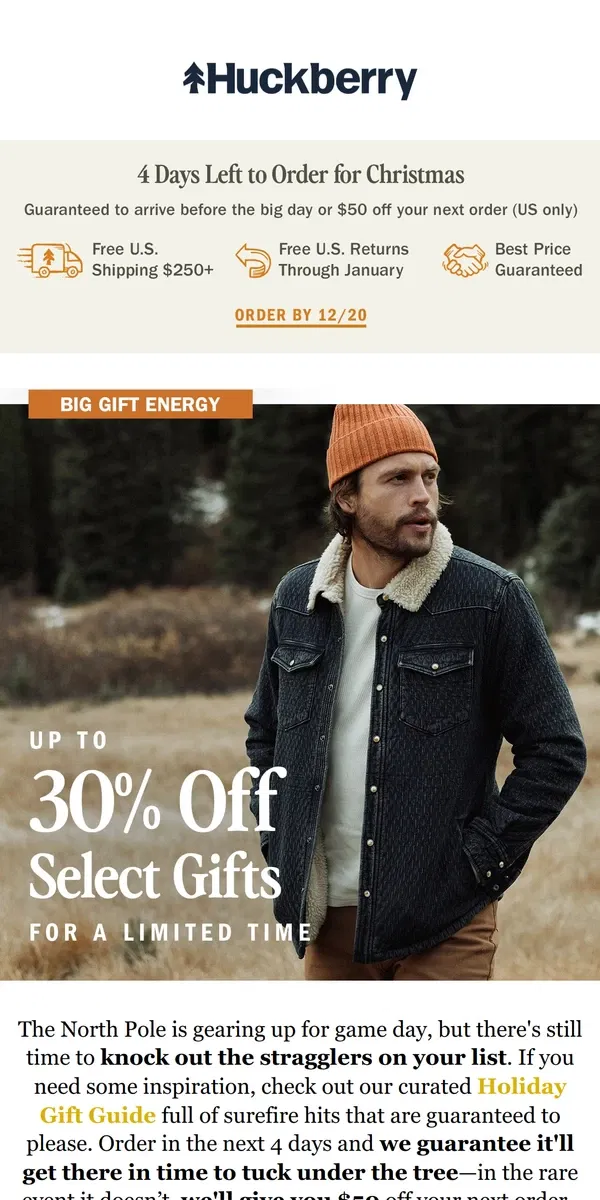 Email from Huckberry. Big Gift Energy