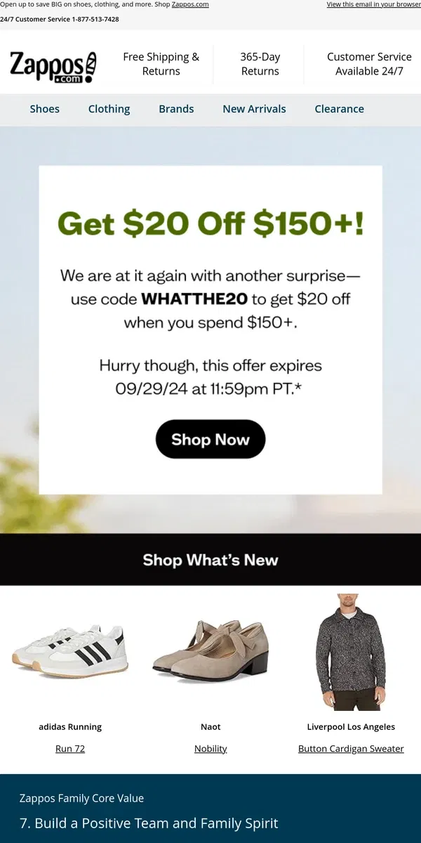 Email from Zappos. LAST CHANCE: Get $20 Off $150+ 😱