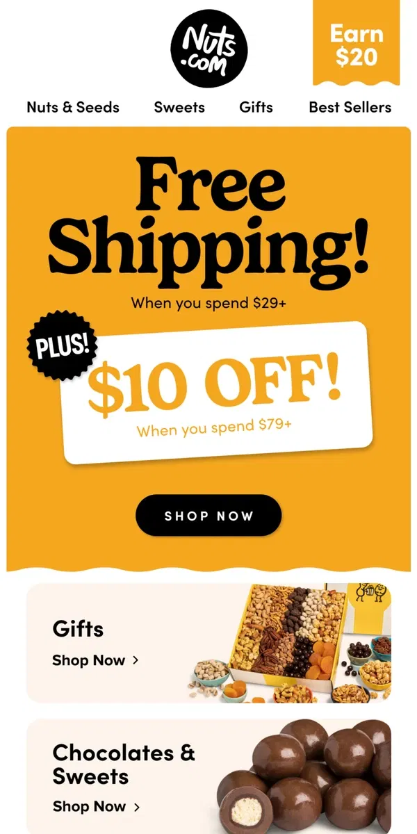 Email from Nuts.com. Hurry & Get $10 OFF + FREE Shipping!