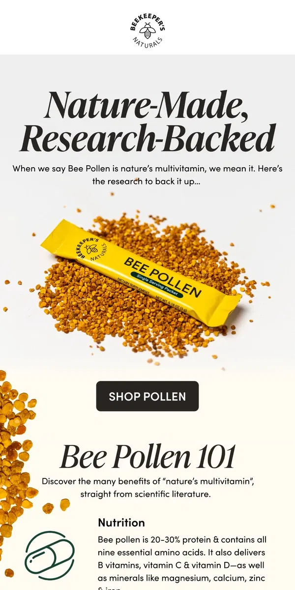 Email from Beekeeper's Naturals. One of the Most Nutrient Dense Foods on the Planet 🐝