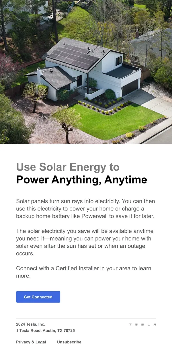 Email from Tesla. Power Your Home 24/7 With the Sun