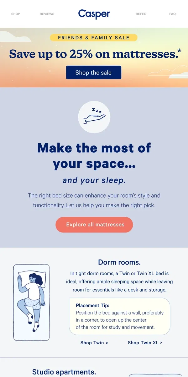 Email from Casper. The right bed size for your room?