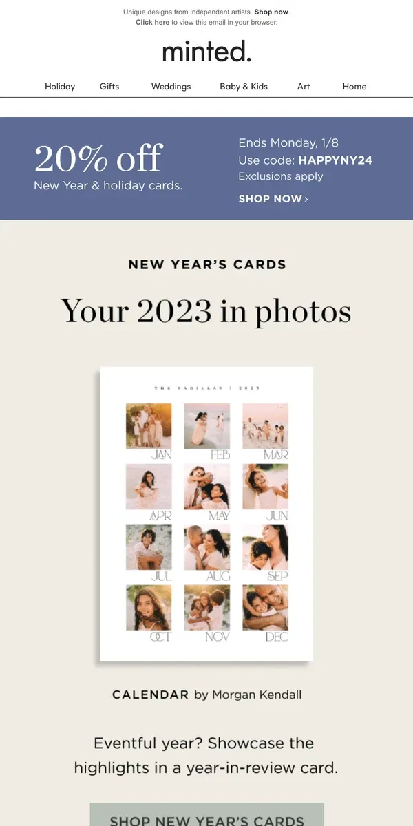 Email from Minted. Celebrate 2024 with 20% off New Year cards