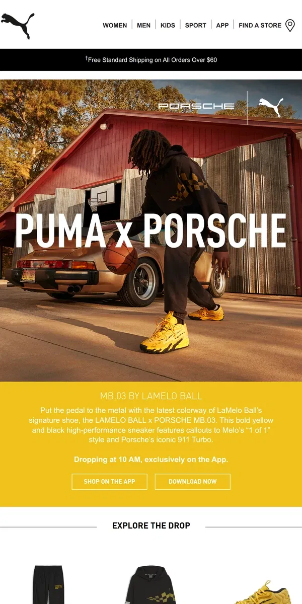 Email from Puma. LAMELO BALL x PORSCHE: Only On The App