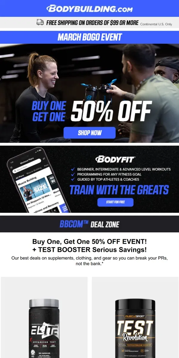 Email from Bodybuilding.com. SERIOUS SAVINGS in Test Boosters! + The Best Triceps Building Tips And Workouts!