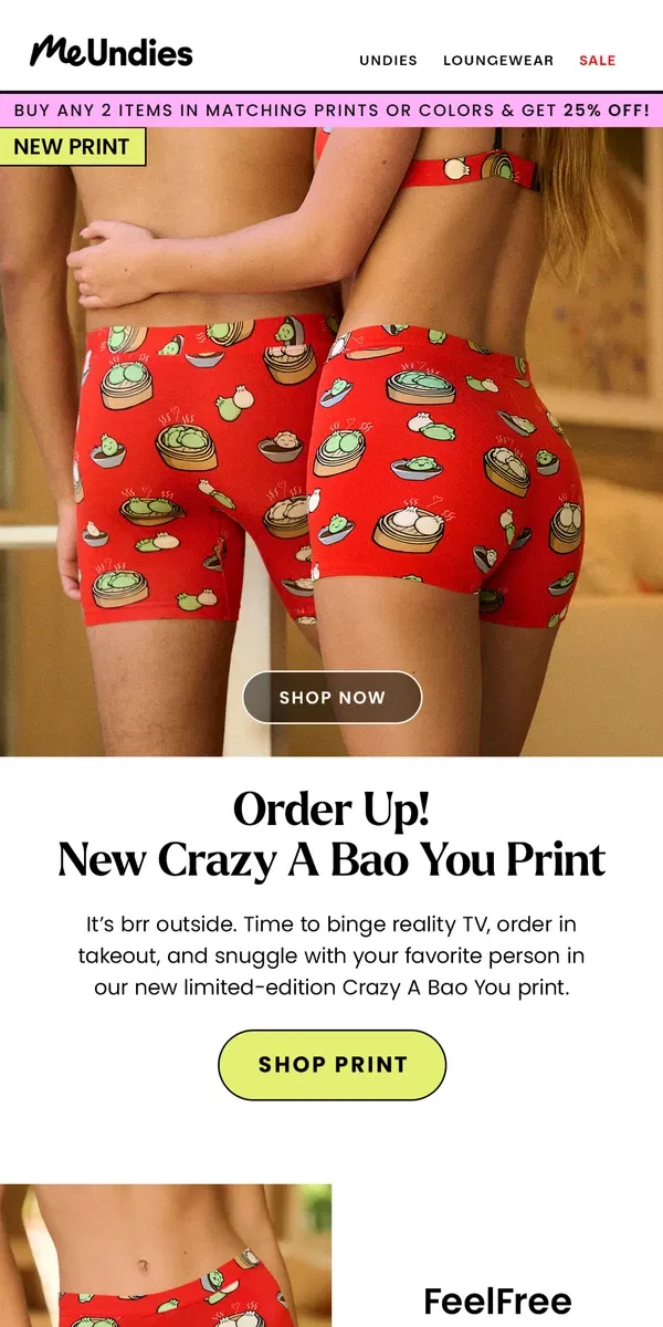 Email from MeUndies. New Print: Crazy A Bao You