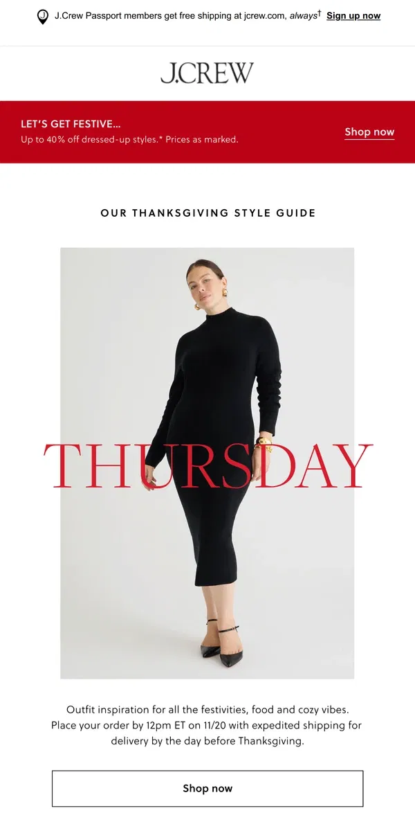 Email from J.Crew. Your Thanksgiving weekend style guide