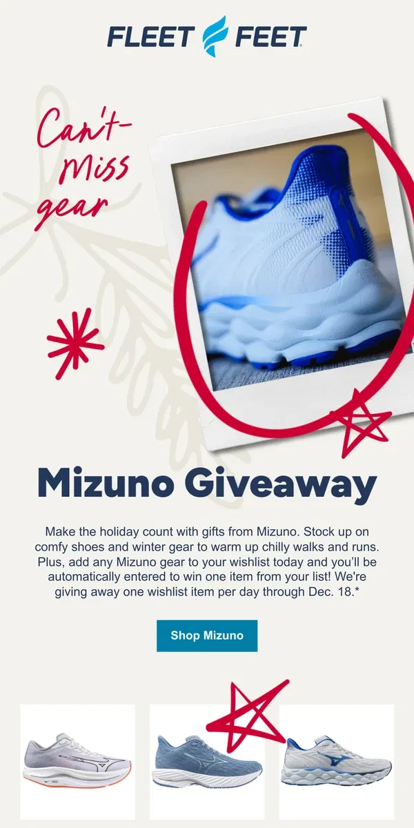 Email from Fleet Feet. Make Merry with Mizuno