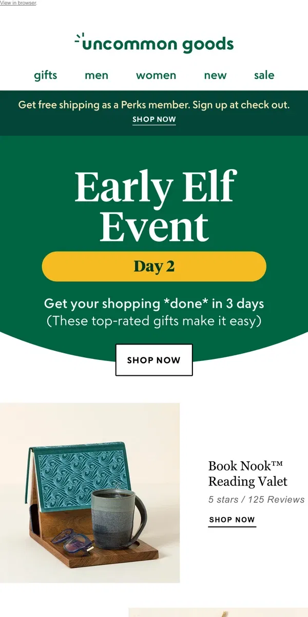 Email from Uncommon Goods. Day 2: Top-rated gifts