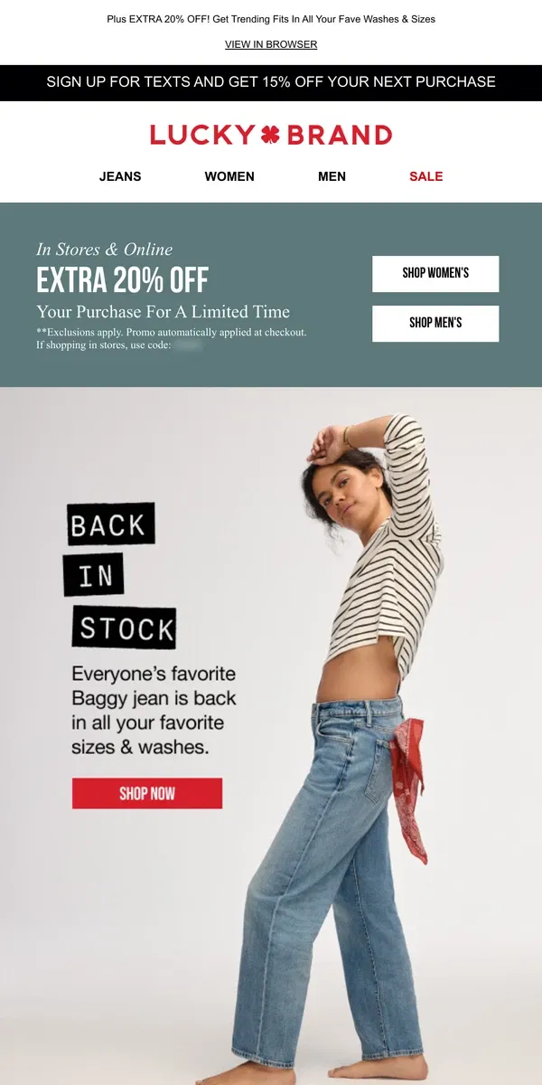 Email from Lucky Brand. BACK IN STOCK! Baggy Jeans & More + 25% Off