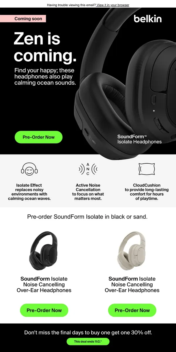 Email from Belkin. First look: SoundForm Isolate Headphones. 👀