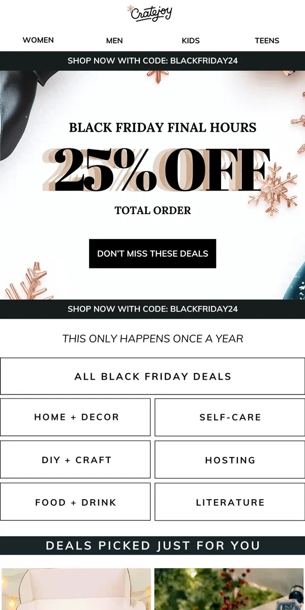 Email from Cratejoy. 25% OFF + The BLACK FRIDAY Shopping Guide